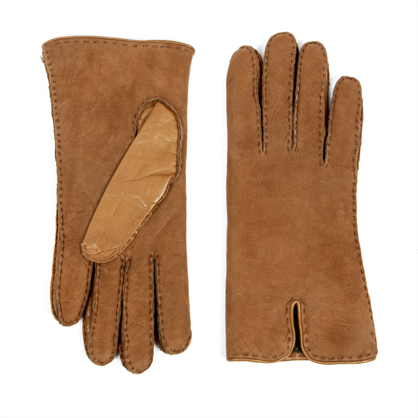Women's tobacco curly lambskin gloves with with nappa leather piping detail