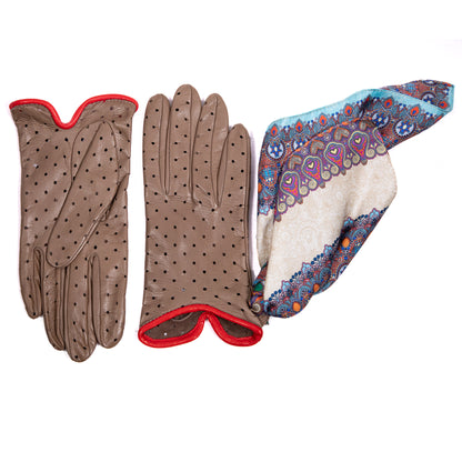 Women's unlined taupe nappa leather gloves with perforated pois detail
