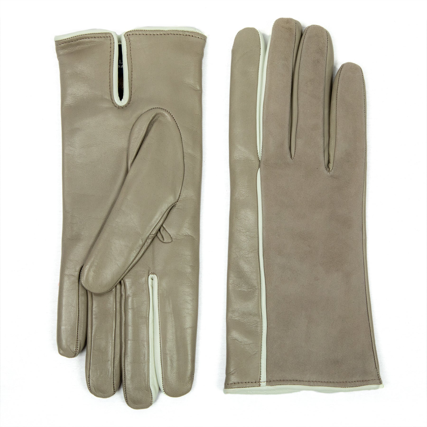 Women's taupe nappa and suede leather gloves and cashmere lining