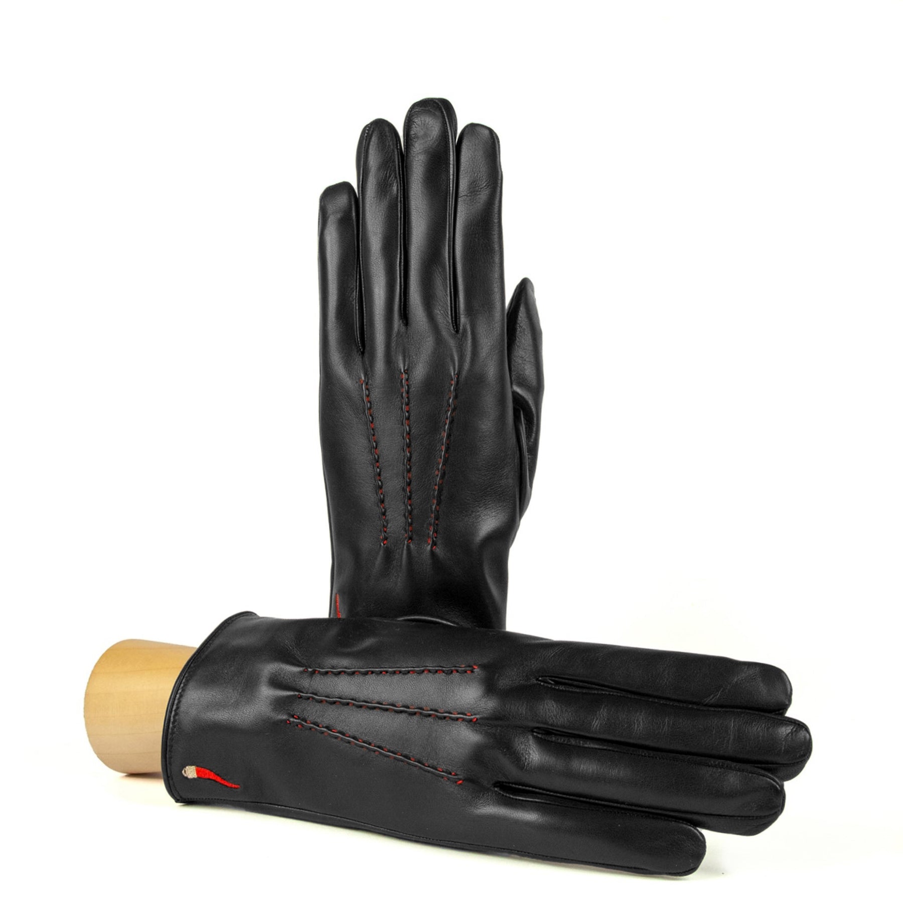 Men's black nappa leather gloves "Curniciello" with 3 red points on top and cashmere lining