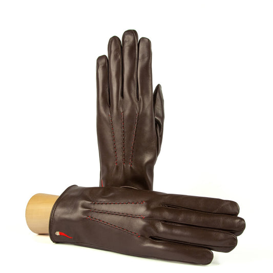 Men's brown nappa leather gloves "Curniciello" with 3 red points on top and cashmere lining