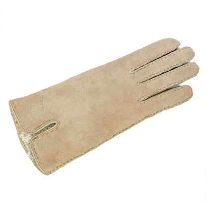 女性用アルパカカーリーラムスキン手袋、ナッパレザーパイピングディテール付き