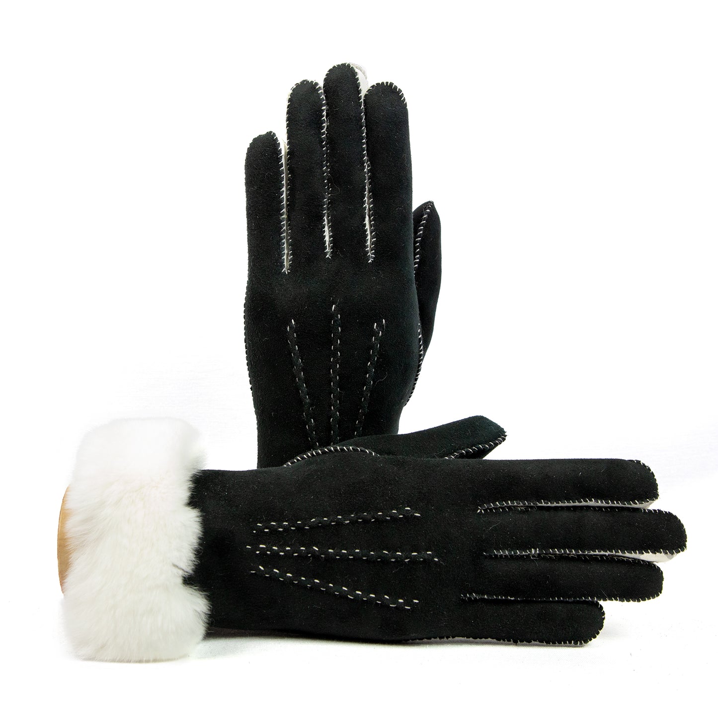 女性用の黒と白の手縫いラムスキン手袋
