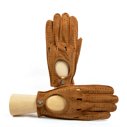Men's unlined hand-stitched suede driving gloves in tobacco color with button closure