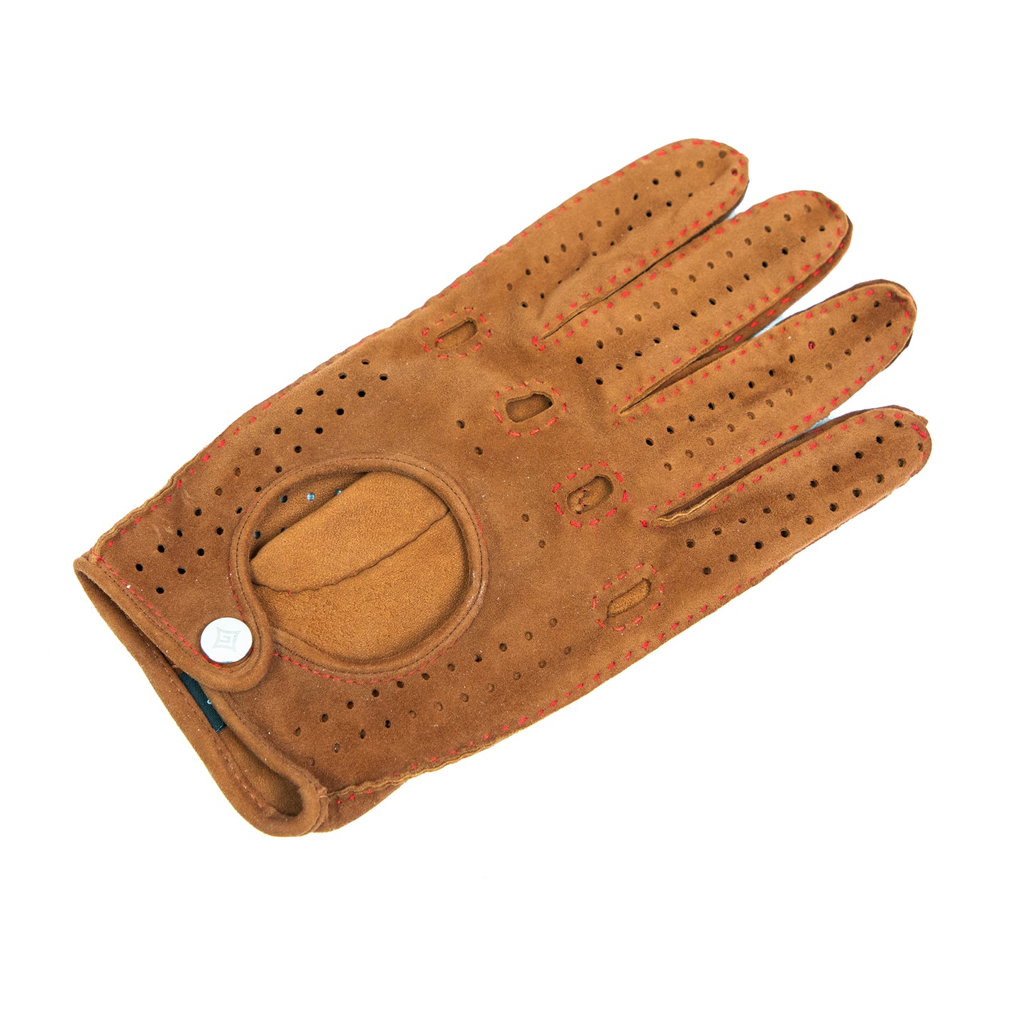 Men's unlined hand-stitched suede driving gloves in tobacco color with button closure
