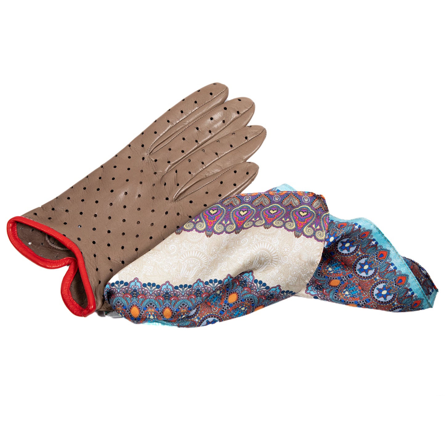 Women's unlined taupe nappa leather gloves with perforated pois detail