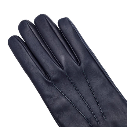 Men's metal blue free nappa leather gloves with natural rib cuff and cashmere lining