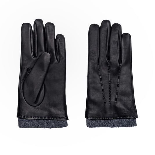 Men's black metal free nappa leather gloves with natural rib cuff and cashmere lining