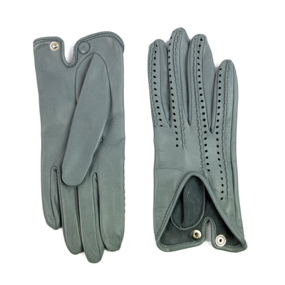 Women's gray nappa leather driving gloves with points on fingers and unlined