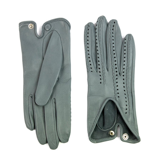 Women's gray nappa leather driving gloves with points on fingers and unlined