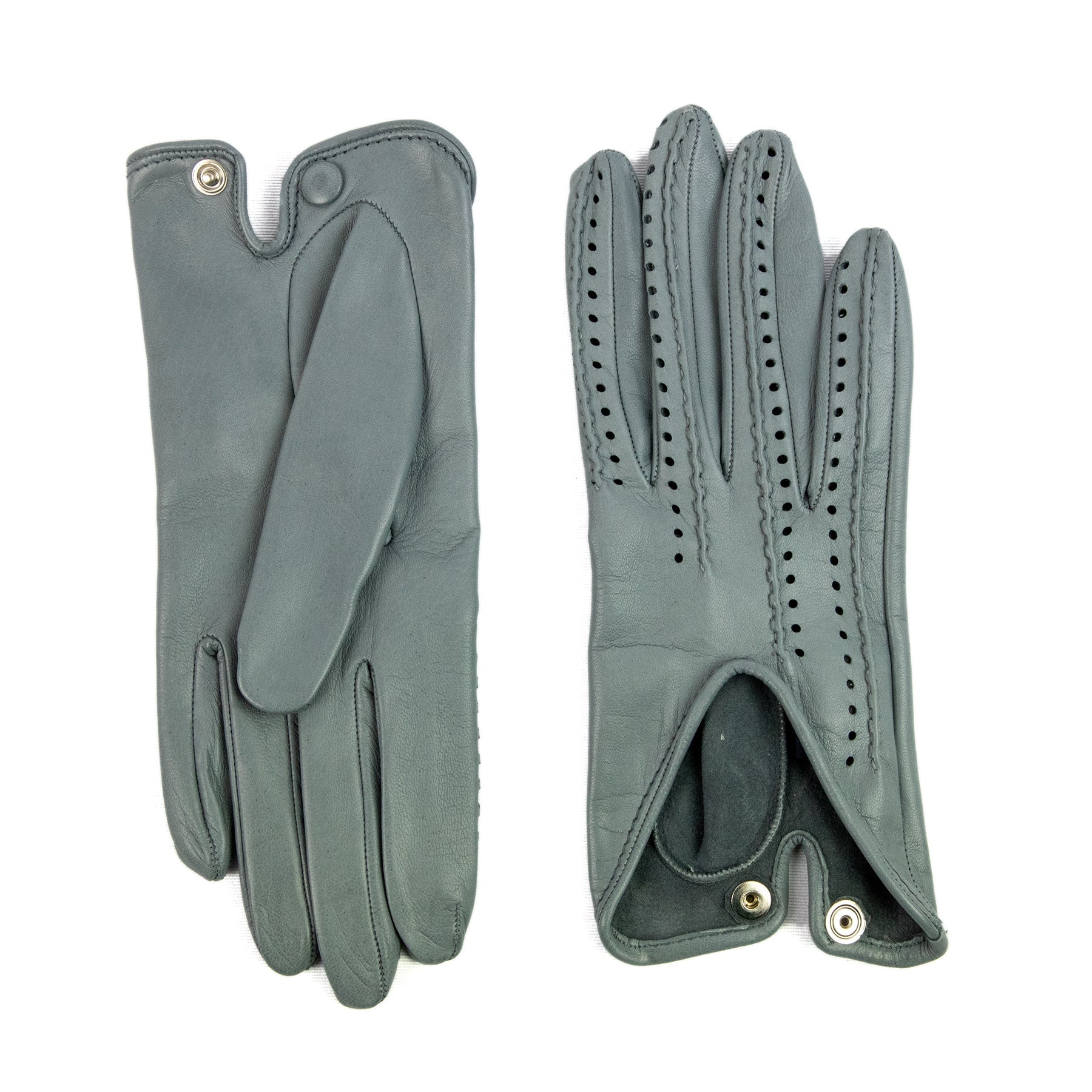 Women's gray nappa leather driving gloves with points on fingers and unlined