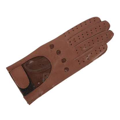 Women's unlined cognac leather gloves with strap closure