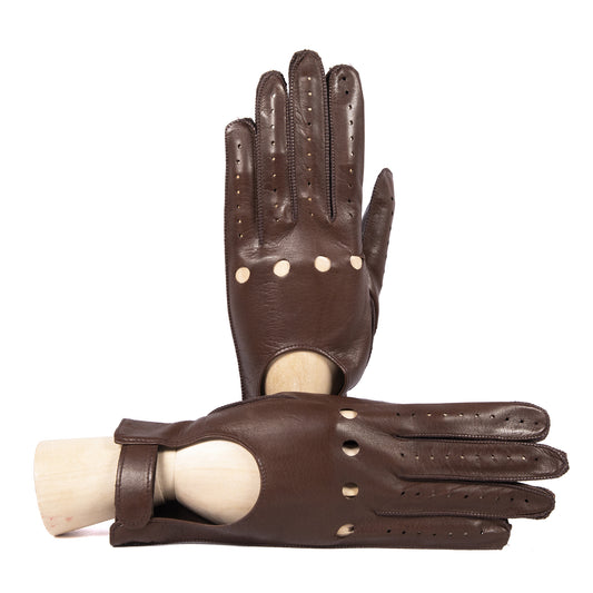 Women's unlined brown leather gloves with strap closure