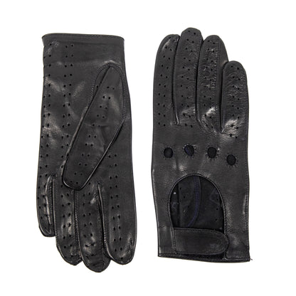 Women's unlined black leather gloves with strap closure