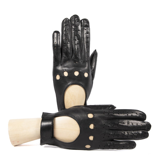 Women's unlined black leather gloves with strap closure