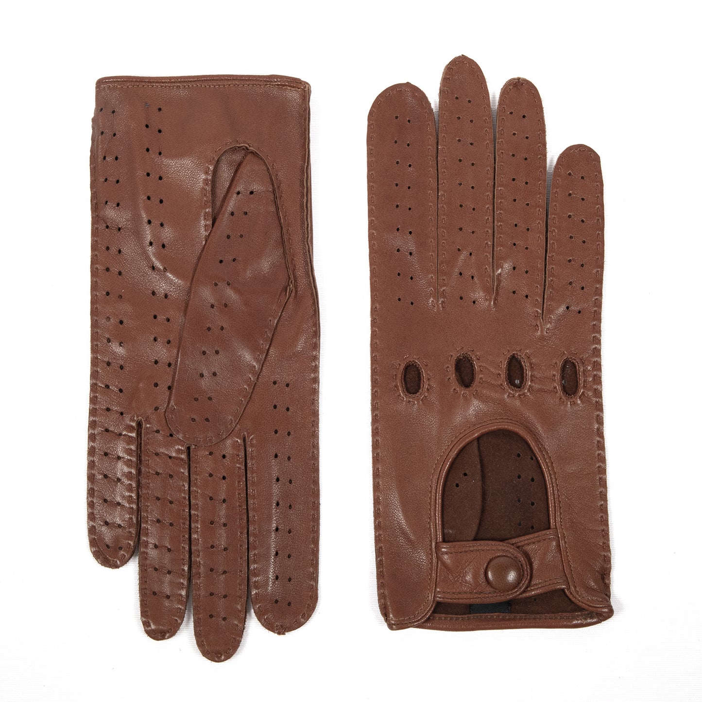 Women's unlined cognac leather gloves entirely hand-sewn with button closure
