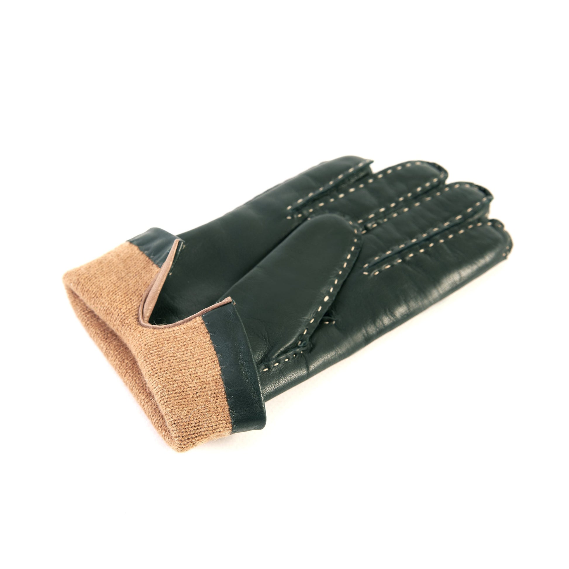 Women's classic dark green nappa leather gloves entirely hand-sewn with cashmere lining