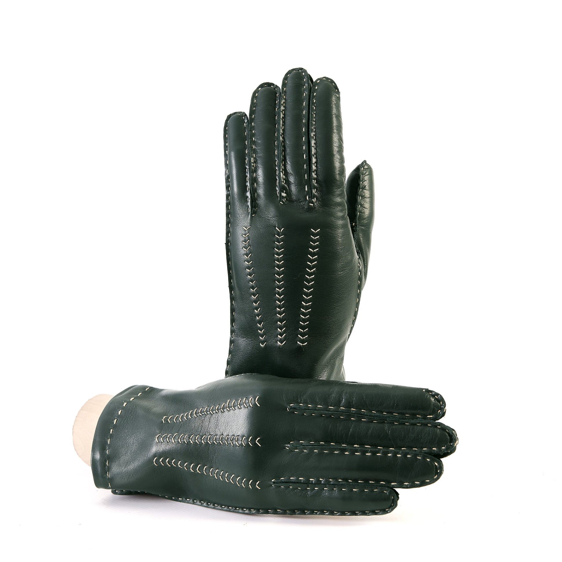 Women's classic dark green nappa leather gloves entirely hand-sewn with cashmere lining