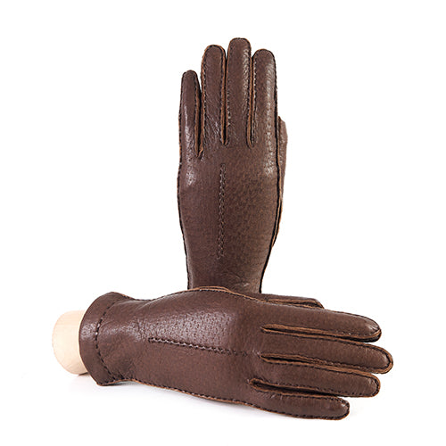 Women's brown peccary leather gloves entirely hand-sewn