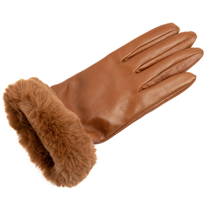 Women's camel nappa leather gloves with faux fur