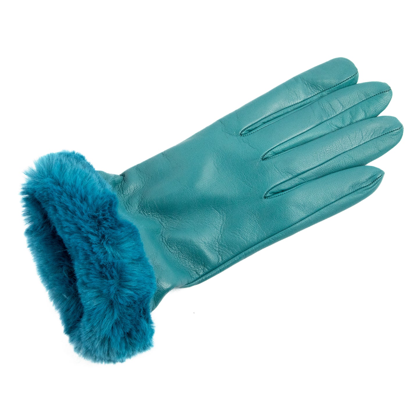 Women's teal nappa leather gloves with faux fur