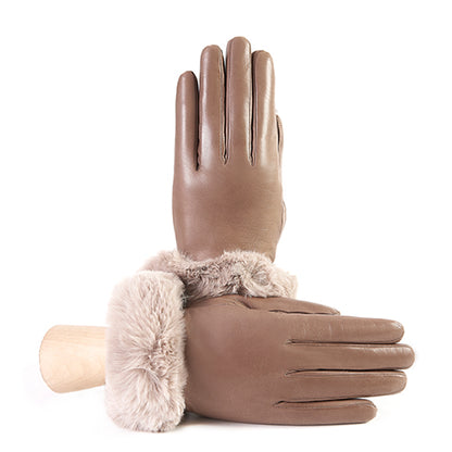 Women's taupe nappa leather gloves with faux fur