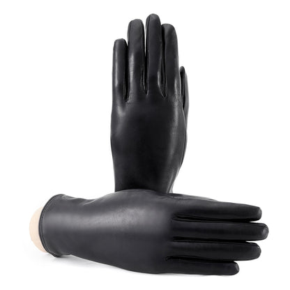 Women’s basic black soft nappa leather gloves with palm opening and mix cashmere lining
