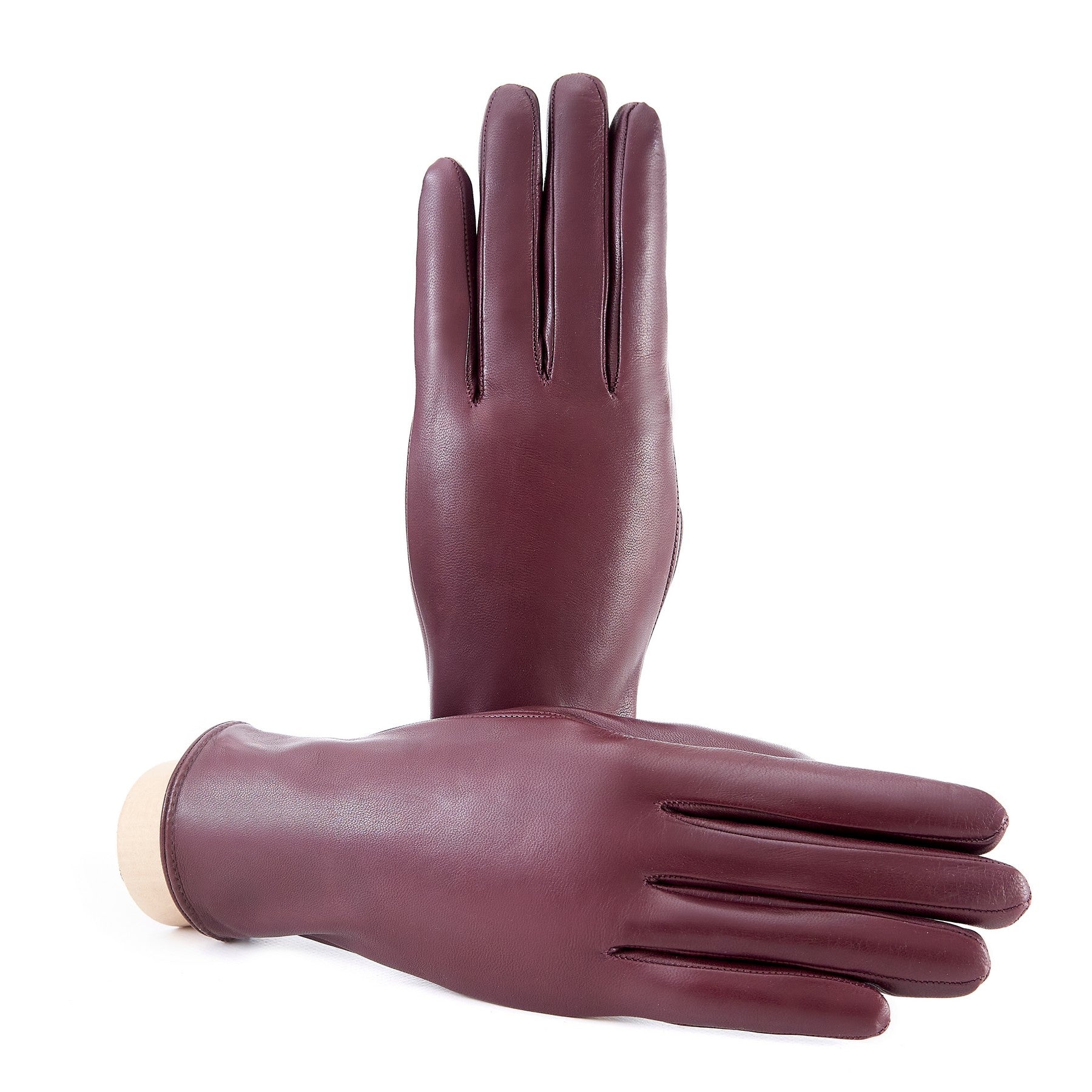 Women’s basic bordeaux soft nappa leather gloves with palm opening and mix cashmere lining
