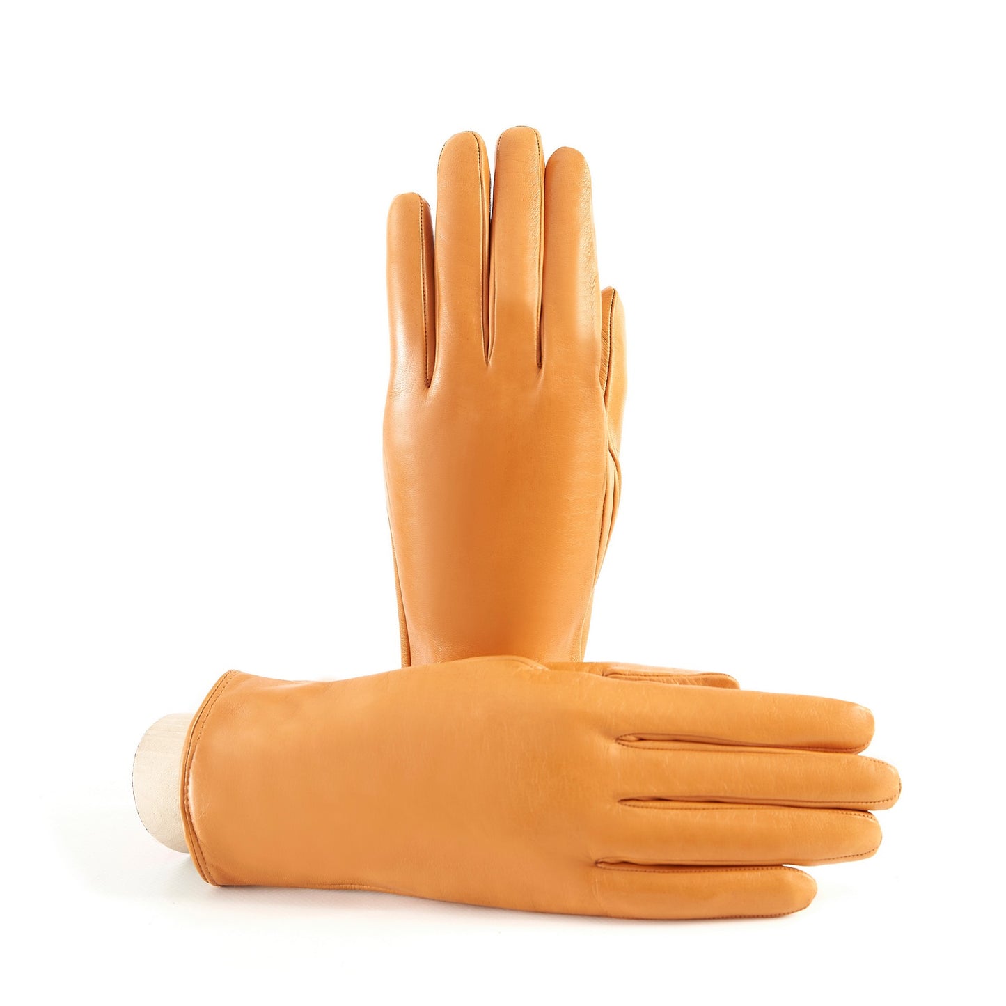 Women’s basic light orange soft nappa leather gloves with palm opening and mix cashmere lining