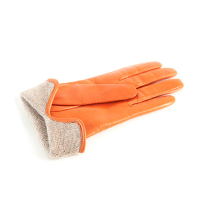 Women’s basic orange soft nappa leather gloves with palm opening and mix cashmere lining
