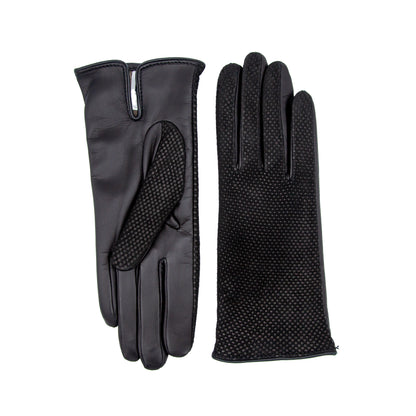 Women's black printed nappa touchscreen leather gloves and cashmere lining