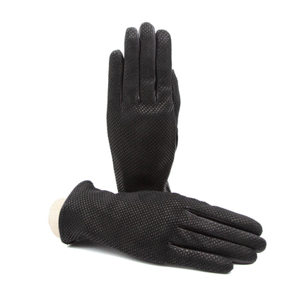 Women's black printed nappa touchscreen leather gloves and cashmere lining