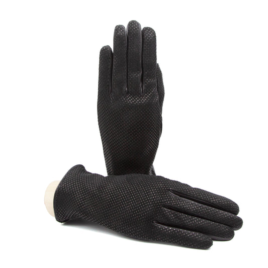 Guanti da donna in pelle nappa damascata colore nero con palmo in nappa touch e foderati cashmere