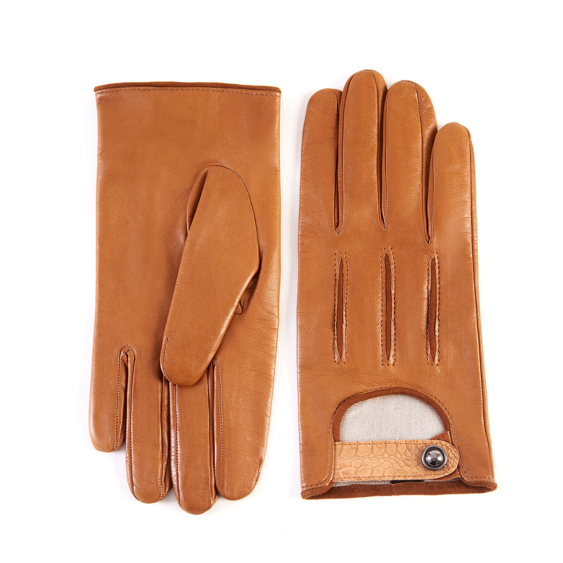 Men's soft nappa camel leather gloves with suede details with strap and silk lining