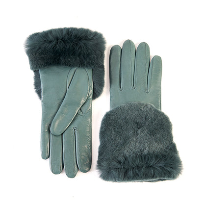 Women's green nappa leather gloves with a real fur panel on the top and cashmere lined