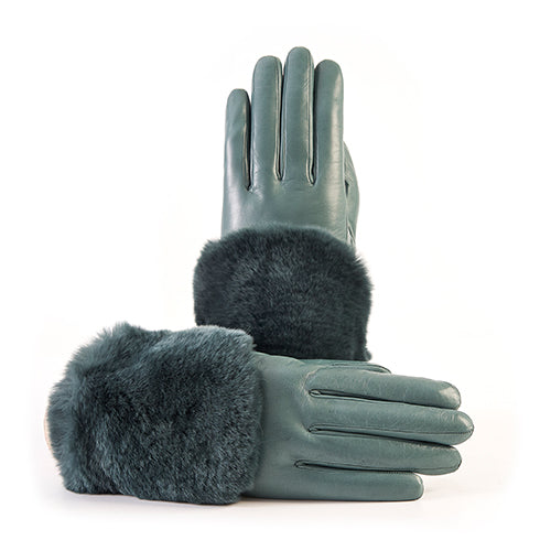 Women's green nappa leather gloves with a real fur panel on the top and cashmere lined