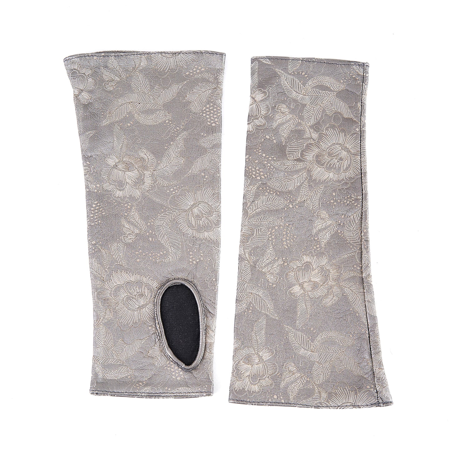 Women's fingerless printed metallic silver grey leather gloves with silk lining