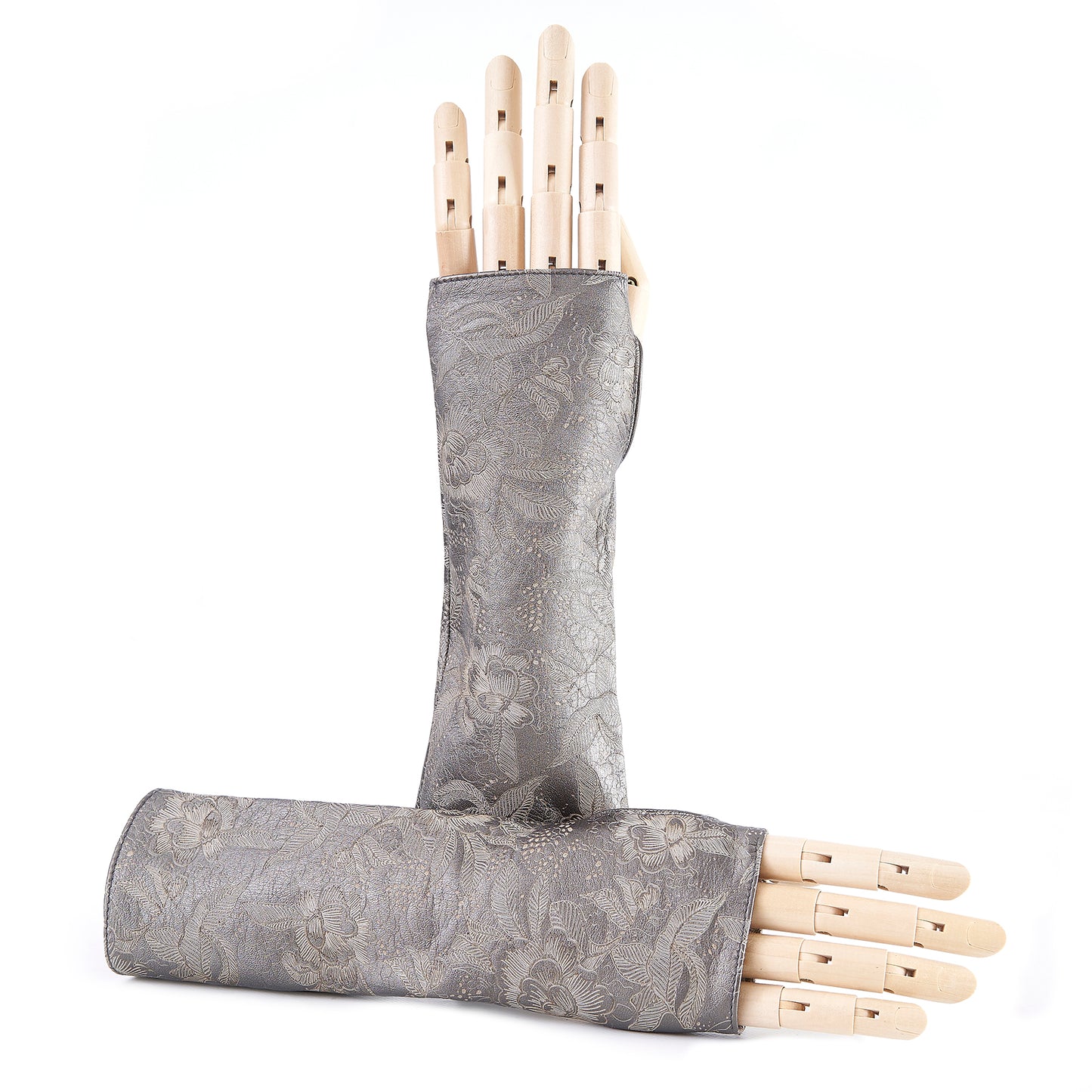 Women's fingerless printed metallic silver grey leather gloves with silk lining