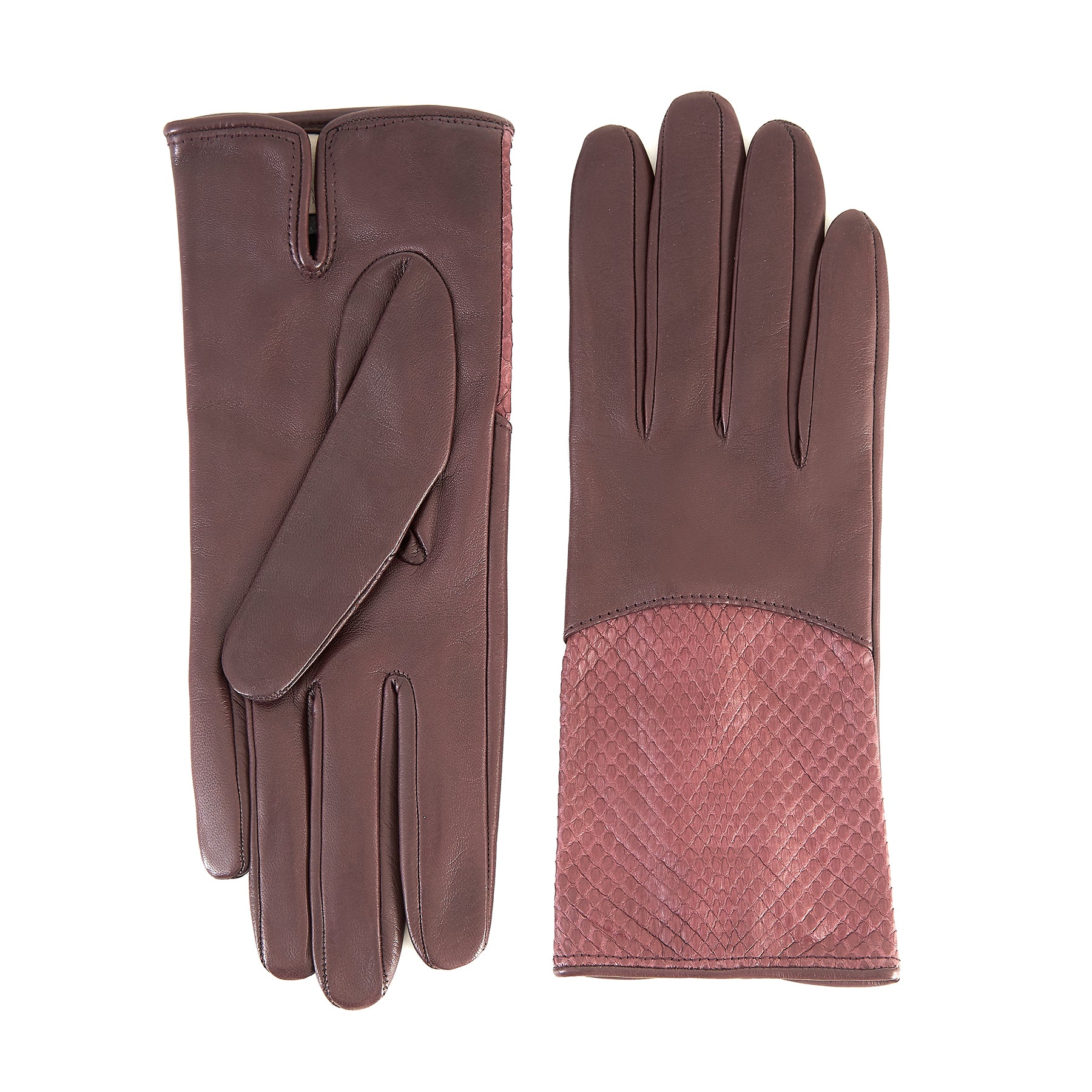 Ladies' bordeaux nappa leather gloves with water reptile top silk lined
