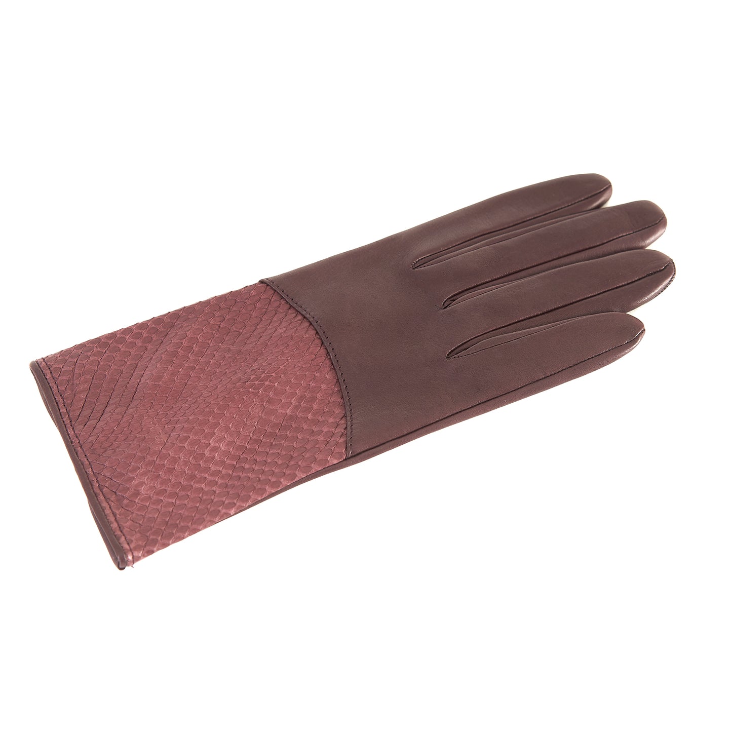 Ladies' bordeaux nappa leather gloves with water reptile top silk lined