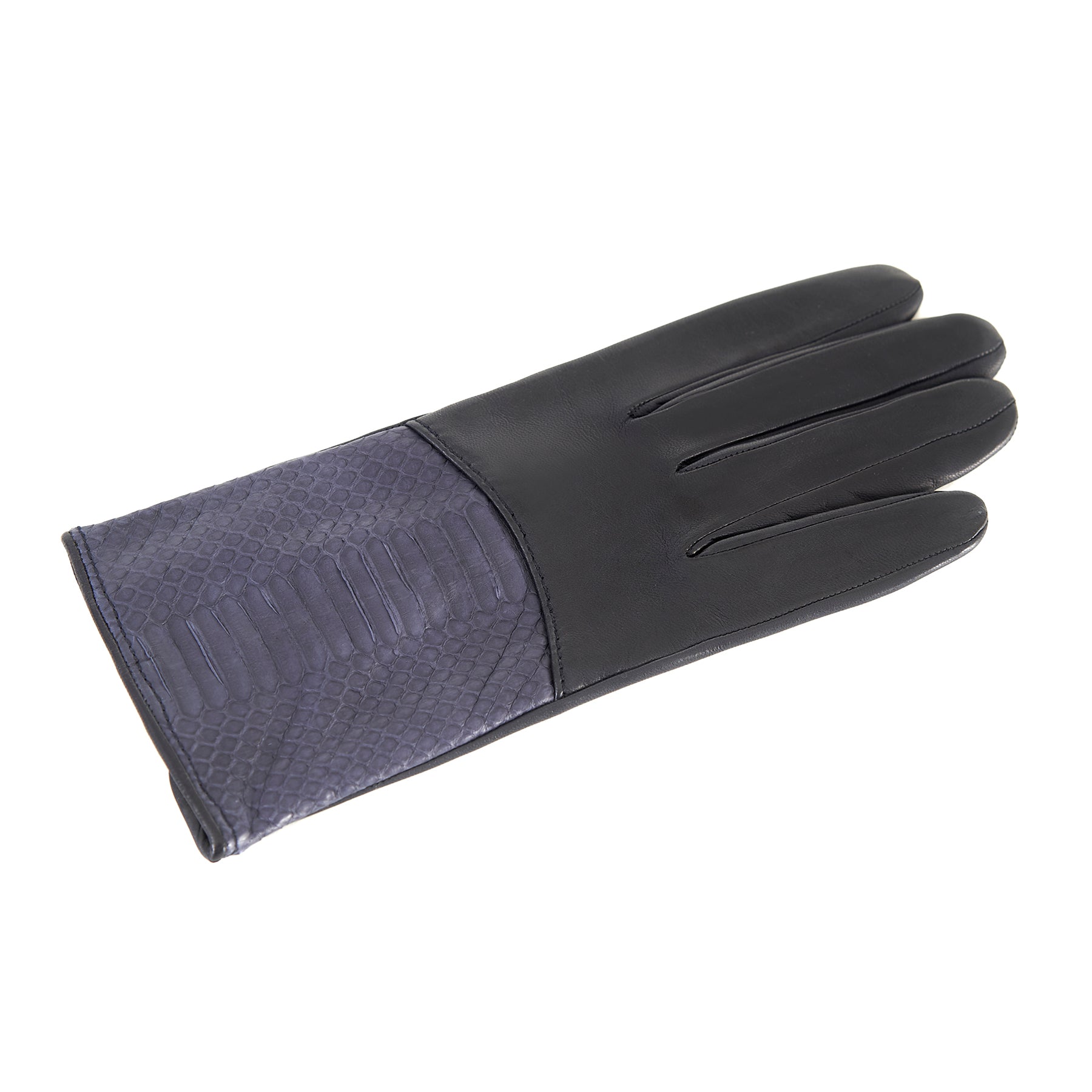 Ladies' deep grey nappa leather gloves with water reptile top silk lined