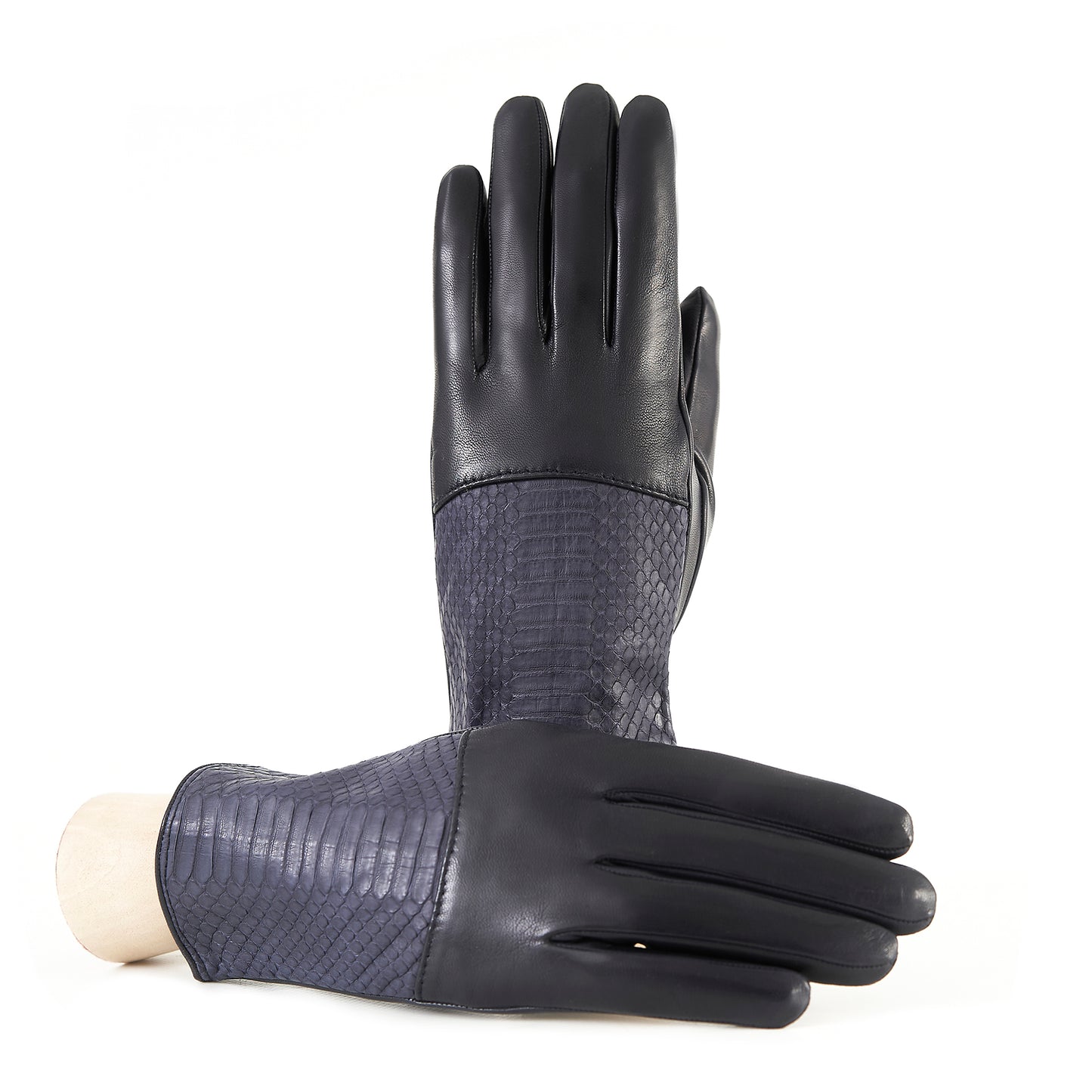 Ladies' deep grey nappa leather gloves with water reptile top silk lined