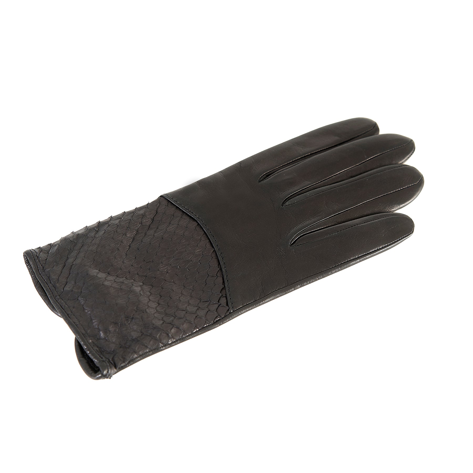 Ladies' black nappa leather gloves with water reptile top silk lined