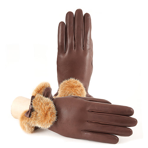 Women's brown nappa leather gloves with a real fur cuff and cashmere lined