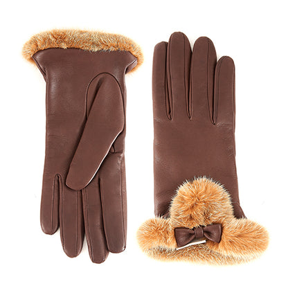Women's brown nappa leather gloves with a real fur cuff and cashmere lined