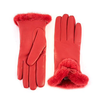 Women's red nappa leather gloves with a real fur cuff and cashmere lined