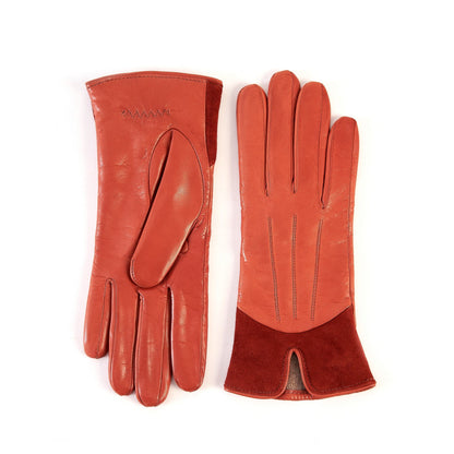 Women's orange nappa leather gloves with suede panel insert on top cashmere lined