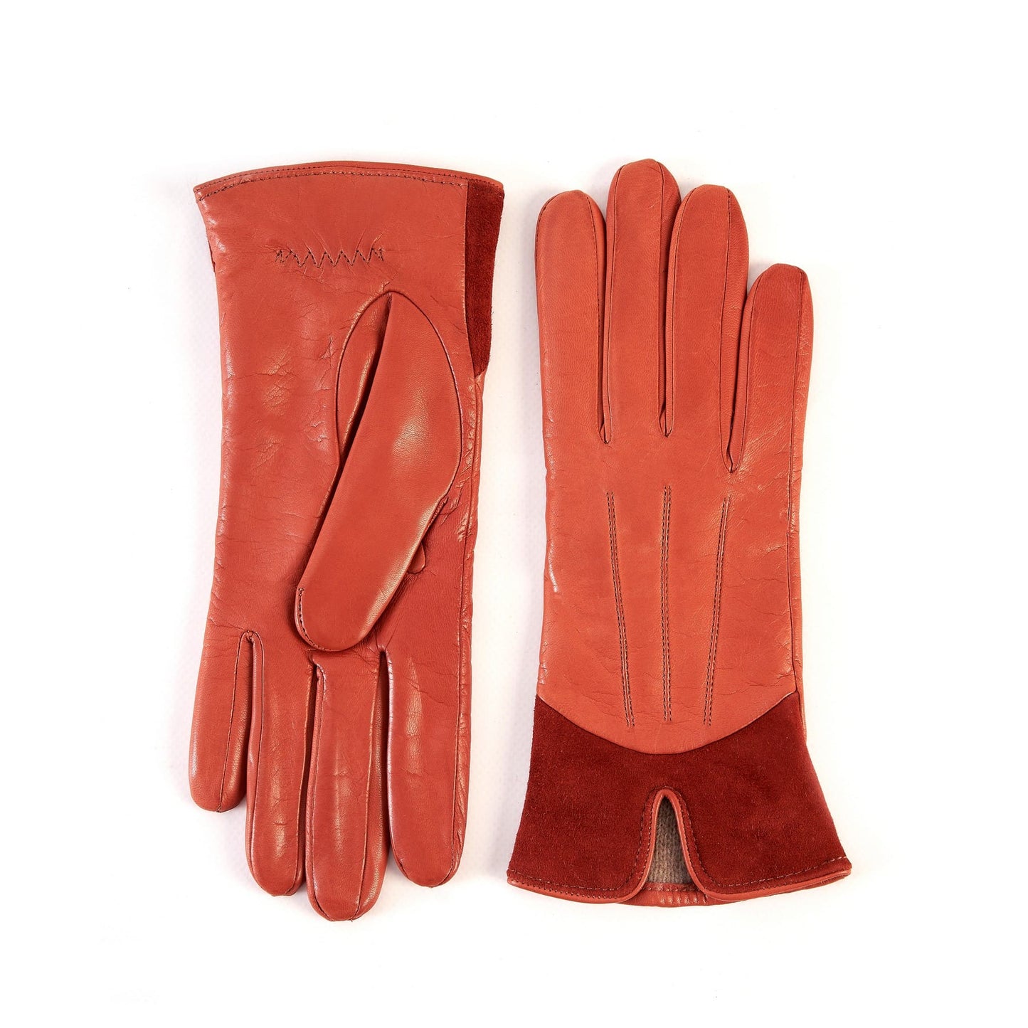 Women's orange nappa leather gloves with suede panel insert on top cashmere lined