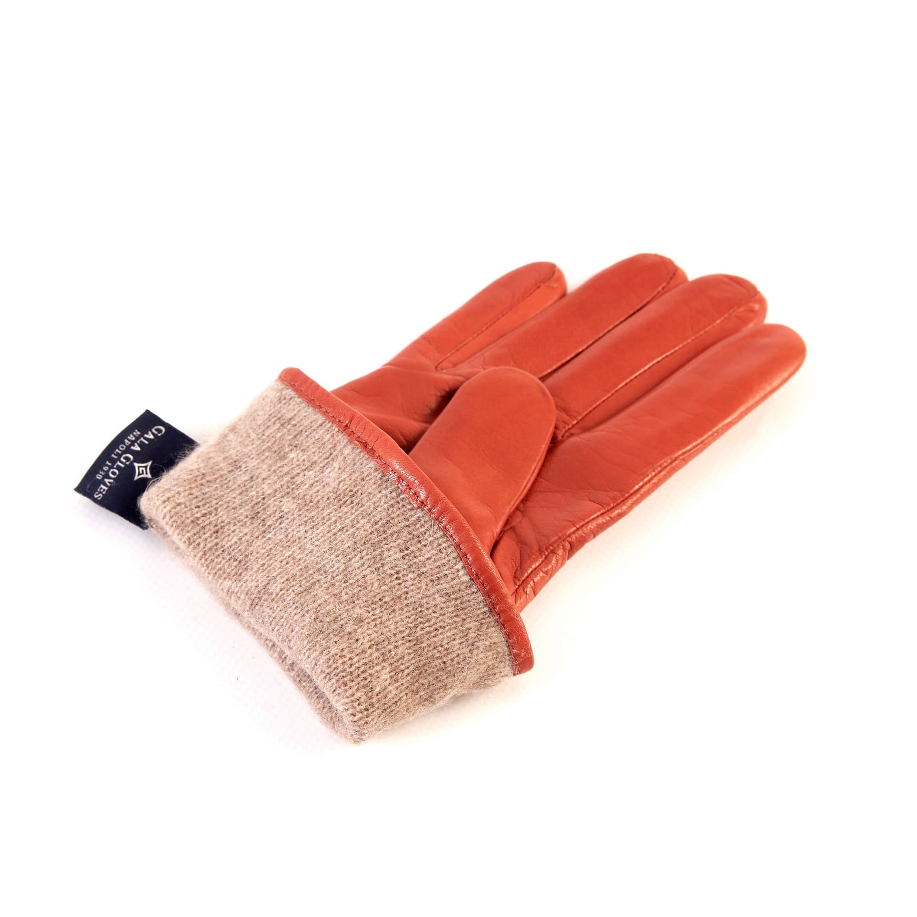 Women's orange nappa leather gloves with suede panel insert on top cashmere lined
