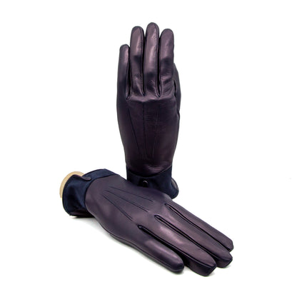 Women's blue nappa leather gloves with suede panel insert on top cashmere lined
